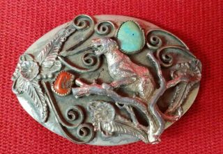 Turquoise And Coral Mountain Lion Belt Buckle