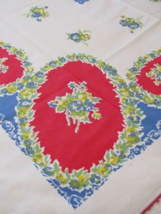 Vintage Tablecloth With Floral Cameos Red Blue Green 50 " X 51 "