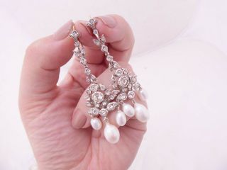 9ct Gold & Silver Cultured Pearl & Paste Set Victorian Style Large Drop Earrings