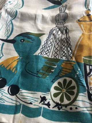 Vintage Linen Tea Towel W/ Birds - Teal & Mustard Colors Textile Decor Retro