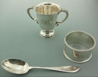 ARTS & CRAFTS SOLID SILVER EGGCUP,  SPOON AND NAPKIN RING 1915 HAMMERED FINISH 3