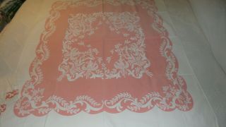 Vintage Cotton Tablecloth & Napkin Set,  White Floral Vine On Pink 52 " X45 "