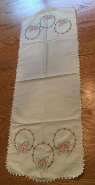 Vintage White Dresser Scarf Table Runner Embroidered Pink Green Roses Circles 2