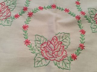 Vintage White Dresser Scarf Table Runner Embroidered Pink Green Roses Circles 3