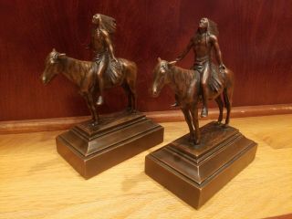 Antique Bronzed Statues Of Chief On Horse Bookends