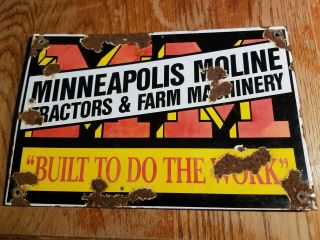Minneapolis Moline Tractor Farm Machinery Vintage Porcelain Sign Old Barn Garage