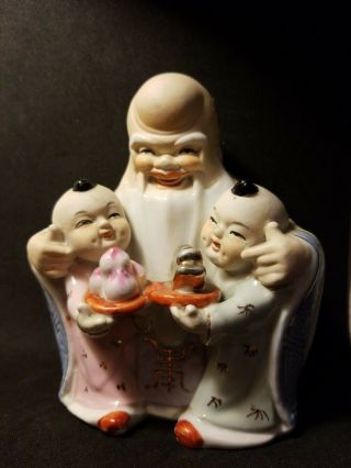 Antique Porcelain Chinese Shou Lao God Of Longevity Immortal Wise Man & Children
