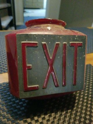 Antique Ruby Red Art Deco 3 Sided Exit Sign Embossed Glass Globe Light
