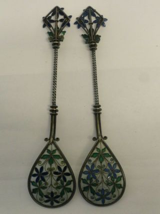 Antique Norwegian Silver Plique - A - Jour Enamel Spoons,  From Norway 6 "