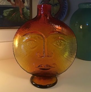 Vintage Blenko Sun Face Vase Amberina Wayne Husted 1970’s Glass Orange Yellow
