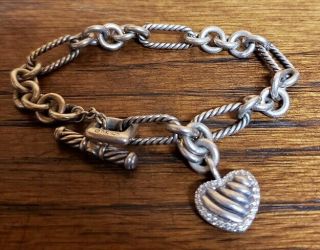 David Yurman Sterling Silver 925 Cable Link Bracelet With Diamond Heart Charm
