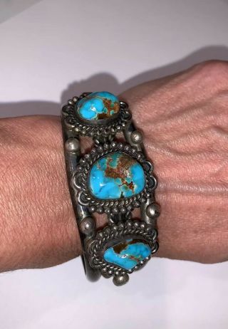 Vintage Navajo Sterling Silver & Blue Turquoise Heavy Bracelet Bangle Signed