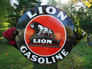 Large Old Lion Gasoline Porcelain Enamel Gas Pump Station Sign