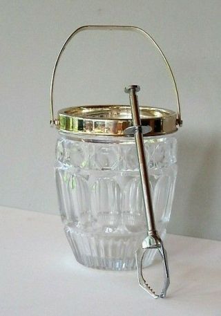 Vintage Clear Pressed Glass Ice Bucket With Retractable Tongs - Gold Tone Trim