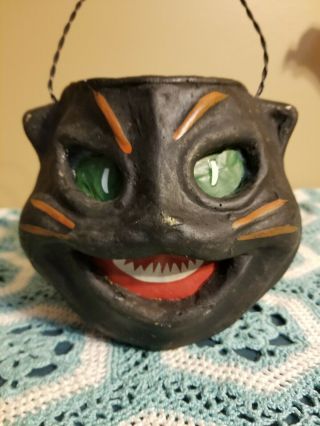 Vintage Halloween Black Cat Paper Mache Jol Pumpkin Lantern C1950