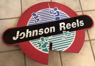 Johnson & Silstar Fishing Reels Double Sided Painted Wood Sign Vtg Made Usa 34”