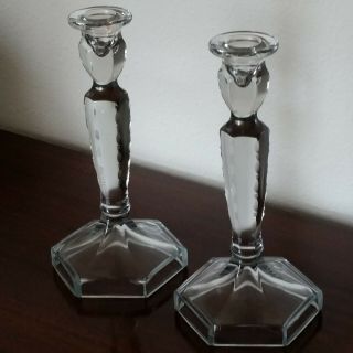 Fenton? 8.  5 " Clear Etched Candlesticks Pair - - 6 - Sided Candle Holders Art Glass