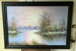 Large Framed Vintage Signed Sporting Art Ducks Oil On Canvas Painting