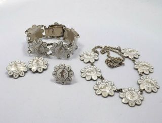 Sterling Silver Siam White Enamel Thai Dancer Necklace Bracelet Earring Ring Set