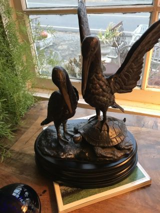 Vintage Maitland Smith Bronze 2 Pelicans; One Sitting On A Turtle Realistic