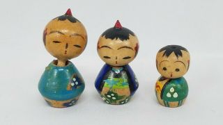 Set Of 3 Vintage Kokeshi Wood Bobble Head Miniature Dolls Japan