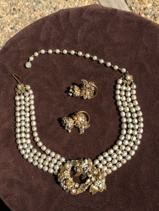 Miriam Haskell 4 Multi Strand Faux Pearl Necklace With Matching Earings