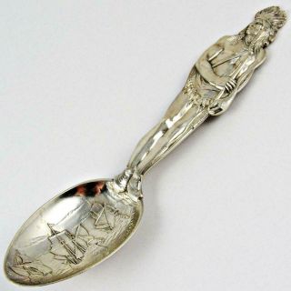 Antique Jamestown Settlement Ships Indian Full Figural Sterling Silver Spoon