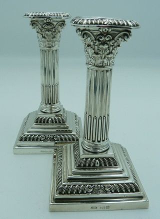 2 Antique Solid Silver Edwardian Corinthian Column Candlesticks (two,  Pair)