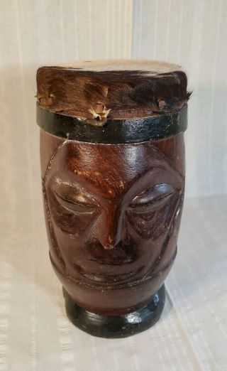Vintage 10.  5 " Tall Tribal,  African,  Carved Faces,  Animal Hide Covered Drum