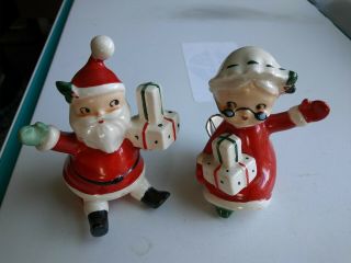 Vintage Lefton Christmas Santa & Mrs Claus W/ Presents Figurines Sitting W Clips