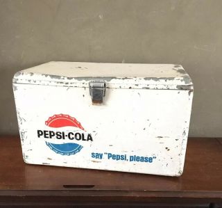 Vintage Pepsi Cola Say Pepsi Please White Metal Cooler Ice Chest & Bottle Opener