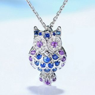 0.  4ct 100 Natural Diamond 10k White Gold Sapphire Amethyst Owl Pendant P268 - 4