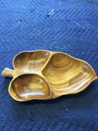 Vintage Large Leaf Wood Wooden Serving Tray Divided Dish Bowl Monkey Pod 21 " Long