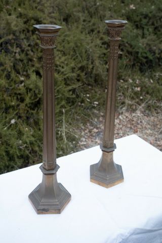 Pair Bronze Pedestal Stands Candlestick Lamp Look 24 " (hse) Victorian Gothic