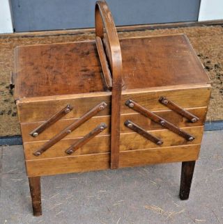 Vintage AS Strommen Bruk Hamar Accordion Style Wooden Sewing Box W/ Legs MAPLE 3