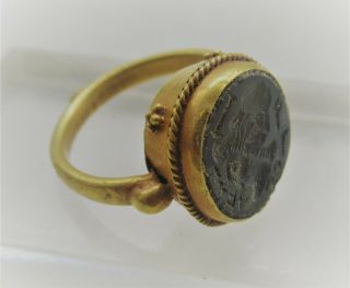 Scarce Ancient Roman High Carat Gold Ring With Agate Intaglio Emperor Depicted