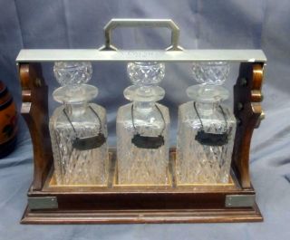 Antique Oak Cut Glass English Tantalus Liquor Bottle Bottles Set Silver Plated