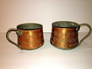 2 Hand Made Vintage Copper Mugs With Brass Handles
