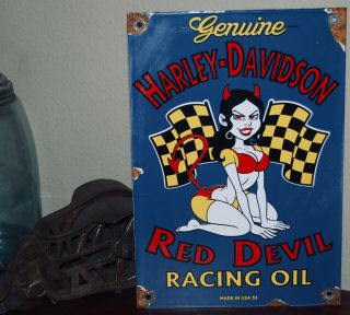 Old Vintage Harley Davidson Red Devil Racing Oil Porcelain Advertising Sign