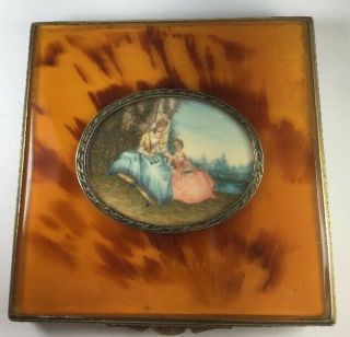 Antique Italian 800 Silver Shell Painted Portrait Compact & Mirror