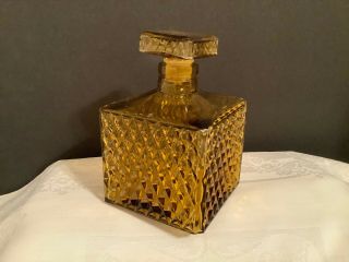 Vintage Amber Pressed Glass Diamond Cut Square Bottle Decanter W/stopper 5 - 1/2 "