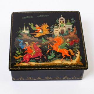 Vintage Russian Lacquer Box Hand Painted Artist Signed 1984 Horses 4.  5 " Square