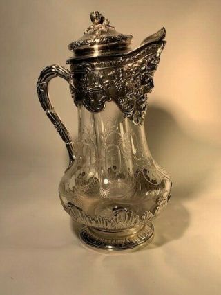 Ex Fine 19th C French Silver Mounted Etched Crystal Claret W/ Ice Bladder