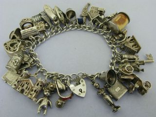 Heavy Vintage Solid Sterling Silver Charm Bracelet With 31 Charms Nuvo 101 Grams