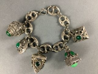 Vintage 800 Silver Etruscan Revival Charm Fob Bracelet Shades Green Stones Glass