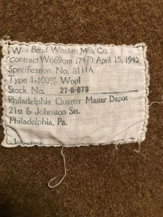 WWII Era US Army Brown 100 Wool Blanket - Dated 1942 2