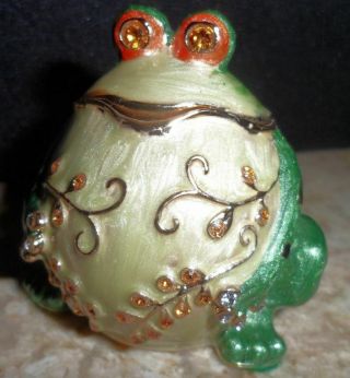 Enameled Metal Treasure Jewelry Trinket Box Bejeweled Frog Figurine Rhinestones