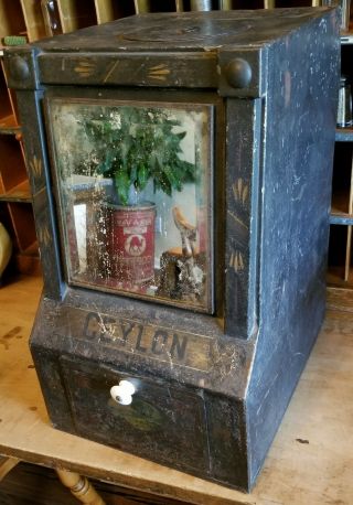 Antique Ceylon Tea Dispenser Bin Tin General Store Display Vintage Mirrored Box