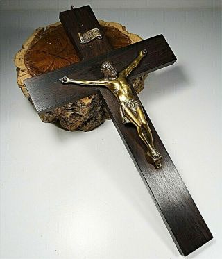 Antique 1900´s Wood Cross Crucifix Bronze Jesus Christ Corpus Signed