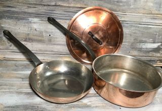 VTG ‘90s Baumalu “Sauté,  Fry” Tin Lined Copper Cookware Pans Iron Handle FRANCE 3